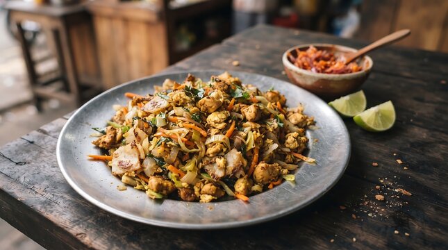 Sri Lankan chicken kottu roti street food on a metal plate