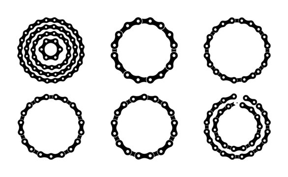 Bicycle Chain Circles, Circular Bike Chain Elements, Set of 6 Geometric Frames, Industrial Design Graphics, Black and White Vector Icons