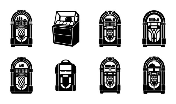 Retro Jukebox Icons Set, Vintage Music Machines Collection, Classic Entertainment Devices, 80s Style Audio Player Vector Graphics
