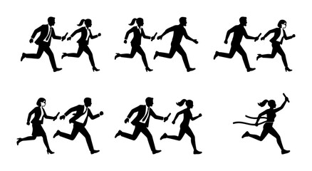 Obraz premium Business Team Relay Race Icons, Corporate Success Silhouettes, Professional Athletes Running with Baton, Achievement and Partnership Vector Graphics