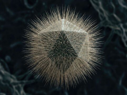 Giant virus with icosahedral geometry, showcasing intricate surface details and spikes