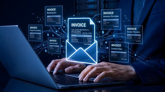 Electronic invoicing software interface with digital bills and email envelope emerging from laptop screen