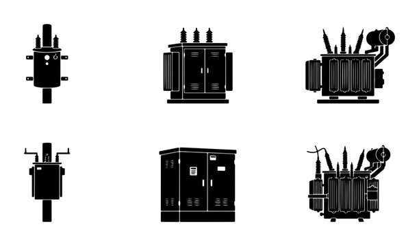 Electrical Transformer Icons Set, Power Distribution Equipment Silhouettes, Industrial Energy Devices Collection, Vector Graphics for Energy Sector