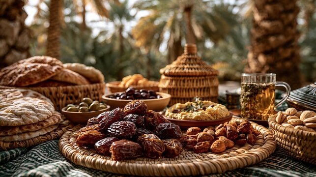 An authentic oasis picnic composition featuring date palm fruit served beside flatbreads, hummus, olives, roasted nuts, and herbal tea under towering palm trees