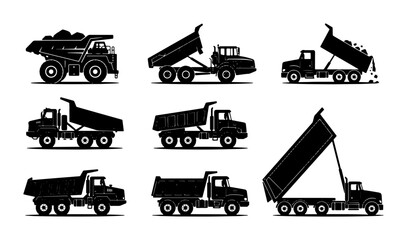 Dump Truck Silhouettes Collection, Heavy Construction Vehicle Icons, Industrial Hauling Equipment Vector Set, Black and White Graphic Elements © Jannatul