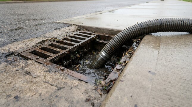 Stormwater drain cleaning with industrial suction hose for municipal sewer maintenance.