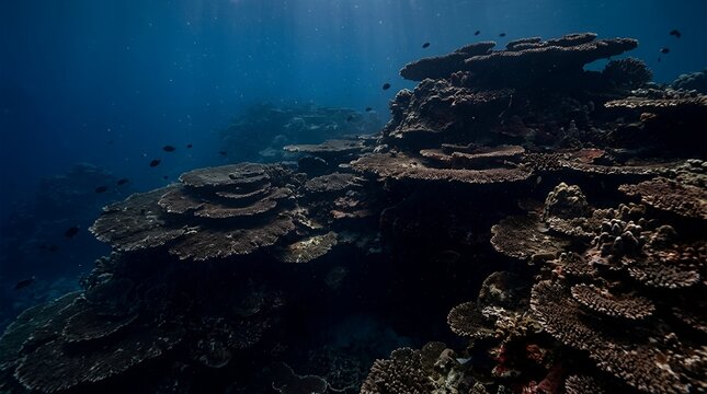 Deep sea coral reef with small fish and sunbeams illuminates the underwater scene