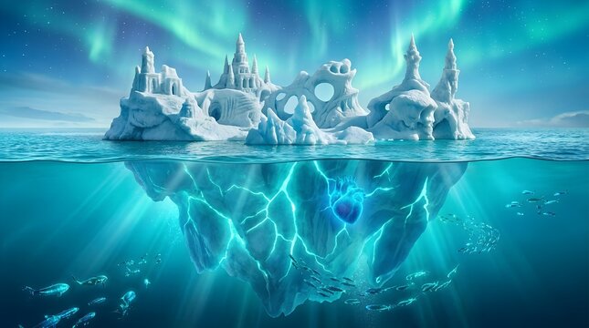 Fantastical iceberg with castle like formations floats beneath a vibrant aurora borealis