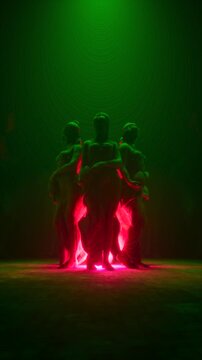 Gothic Green Red Concert Stage Visual of Classic Female Statues Circle with Ambient Mist