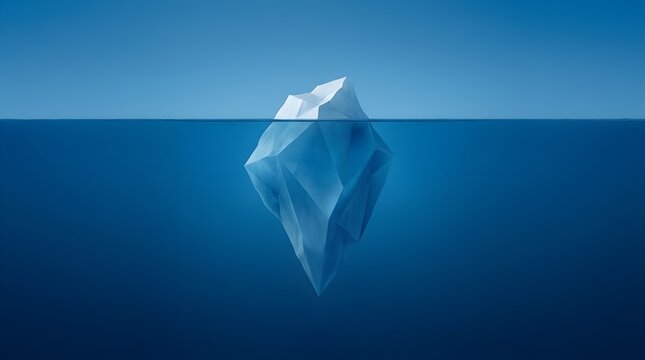 A large iceberg floats partially submerged in a calm blue ocean environment