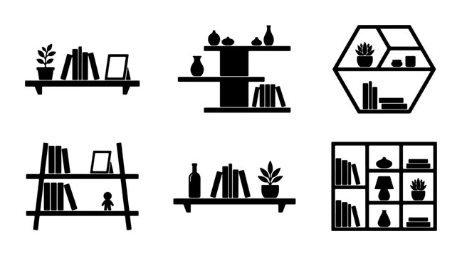 Modern Shelving Units, Minimalist Bookcases & Wall Storage Icons, Black Vector Graphics for Interior Design and Home Decor