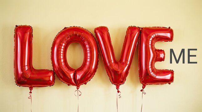 A vibrant and affectionate display of red balloons spelling out 'love me ' radiating warmth and romantic sentiment for a special occasion