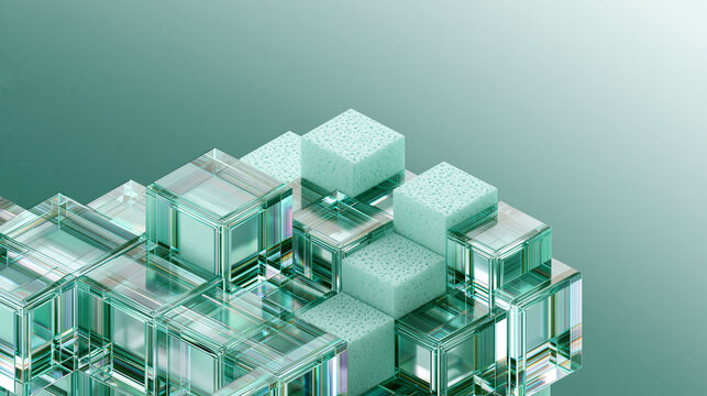 Mint crystal lattice of interlocking transparent blocks, representing Web3 infrastructure, blockchain interoperability, smart contracts, tokenized systems and decentralized innovation