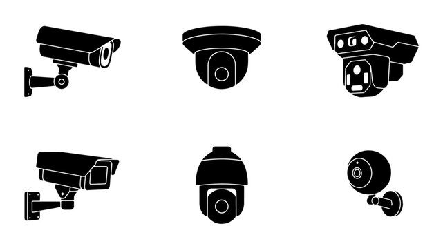 Security Camera Icons Set, Surveillance System Vector Graphics, CCTV Equipment Collection, Monitoring Devices Silhouettes
