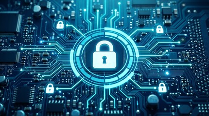 Fototapeta premium Cyber security circuit board lock icon represents data protection and digital network safety design.