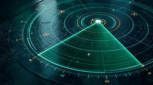 Radar interface scanning digital terrain with green sonar waves for monitoring and target detection.