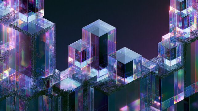 Holographic glass cubes forming a cryptographic frame, visualizing zero-knowledge proofs, privacy computing, blockchain verification and secure decentralized transactions