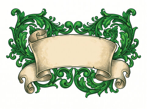 Vintage baroque scroll ribbon banner vector with green acanthus foliage ornament