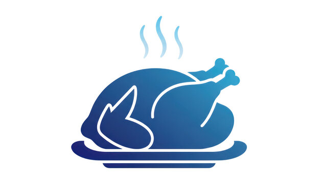 Minimal roasted chicken icon in blue gradient, steaming whole turkey silhouette illustration for restaurant menu and food logo