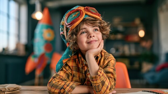 A child creatively building a rocket model using recycled materials, imagining a relaxing spa experience, symbolizing innovation and sustainable play.
