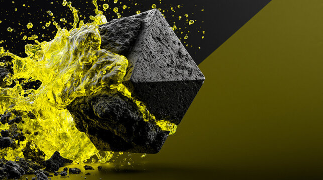 Neon yellow liquid energy wrapping a volcanic stone core, representing high-speed data processing, compute acceleration, hardware performance and powerful digital transformation