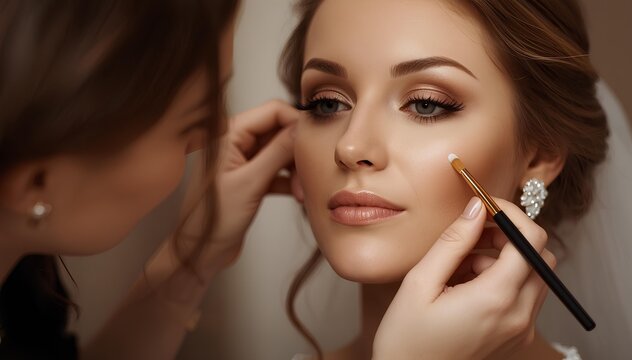Professional makeup artist applying elegant bridal cosmetics on beautiful young bride