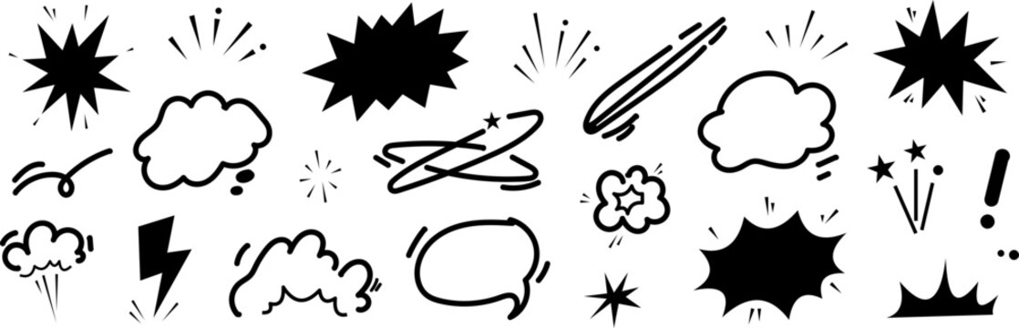 Comic book vector elements collection featuring diverse speech bubbles explosions stars and lightning bolt symbols for dynamic graphic design projects