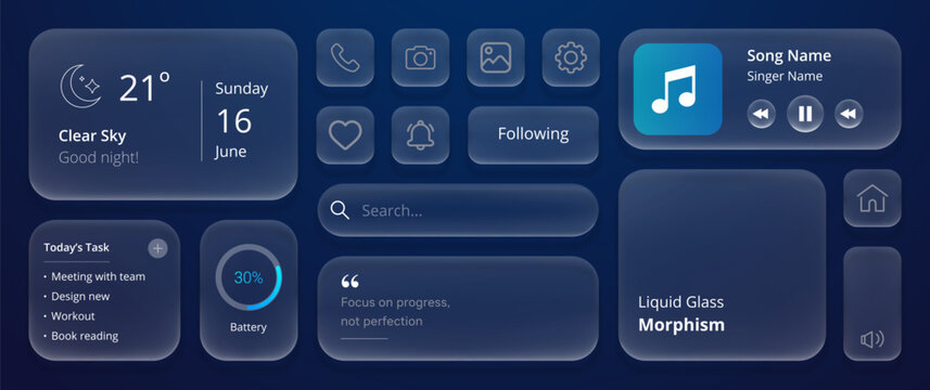 Futuristic liquid glass dashboard UI with translucent blue panels, weather widget, music player, battery status, task list, search bar, and modern glassmorphism elements.