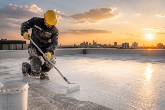 Construction worker applying liquid waterproof roof coating with a paint roller on a flat rooftop at sunset. Roof protection, building maintenance and waterproofing concept with copy space.