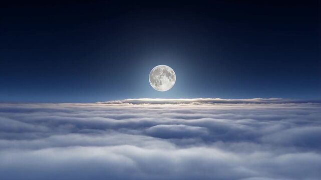 Majestic full moon shining bright above fluffy white clouds in dark blue night sky