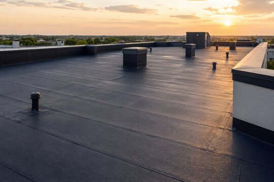 Newly completed flat roof with waterproof membrane under a golden sunset. Modern roofing system, commercial building maintenance and durable weatherproof construction concept.