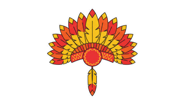 Colorful feather headdress illustration, tribal ceremonial costume icon, red and yellow cartoon headpiece for festival design