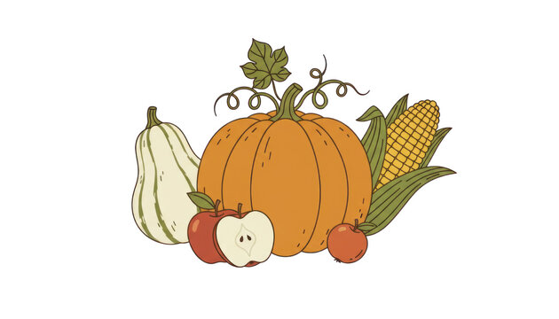 Rustic autumn harvest illustration, pumpkin with apples and corn, hand drawn fall vegetables for seasonal packaging