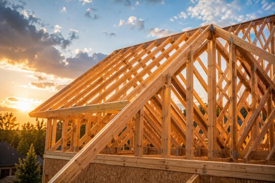 Wooden roof framing of a house under construction glowing in warm sunset light. Structural timber framework, residential building project and modern home construction with dramatic evening sky.