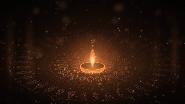 Glowing oil lamp with a flickering flame on an ornamental rangoli mandala pattern