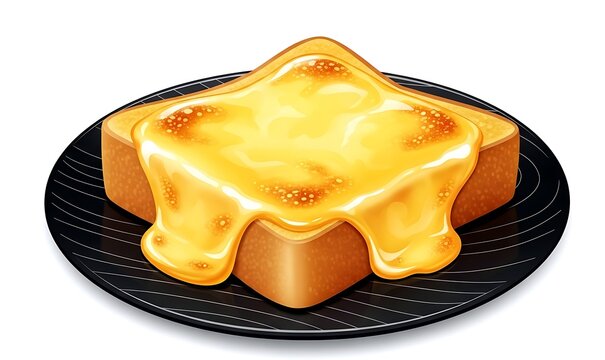 Japanese cheese toast (yaki cheese pan) as a topaz gem, a glossy, golden cheese toast slice with melted cheese forming a translucent glaze, the surface bubbling 