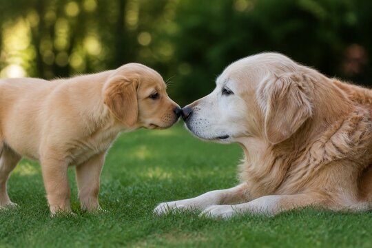 Young golden retriever puppy meeting an older golden retriever dog nose to nose