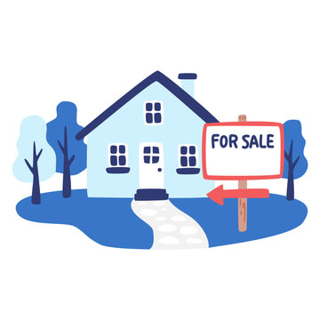 Flat vector illustration of a cute blue residential house with a for sale sign