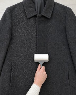 Before and after lint roller demonstration on a dark gray wool coat