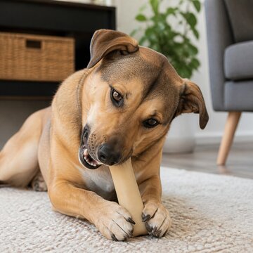 Dog gnawing on a rubber chew bone indoors on a rug with natural light