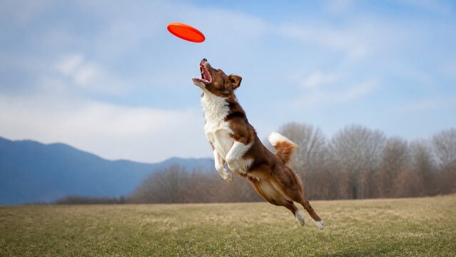 Dog jumping to catch an orange frisbee in a field with mountains in the background