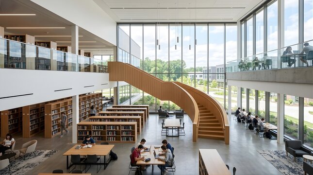 Students studying at wooden desks in a modern bright university library