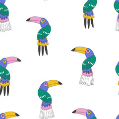 Obraz premium Cute Quirky Hand Drawn Outline Toucan Seamless Pattern
