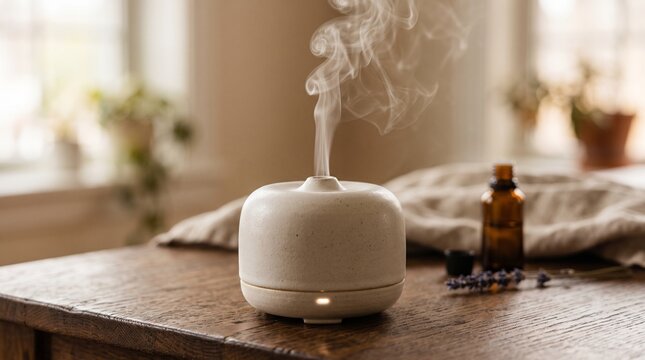 Ceramic essential oil diffuser releasing fragrant steam on wooden table