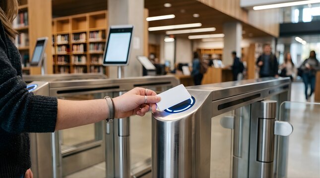 Woman scanning identity card at electronic turnstile gate in library