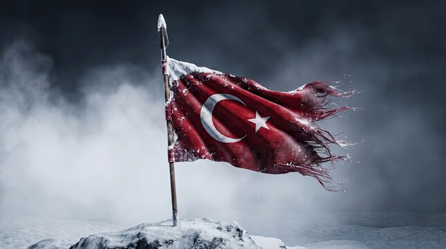 Woven Winds of Resolve: A tattered Turkish flag, bearing its iconic crescent and star, whips defiantly in a fierce, icy gale atop a snow-covered peak under a tempestuous sky.