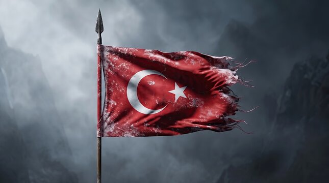 Flag of Turkey: A tattered Turkish flag with a crescent moon and star flutters defiantly against a dramatic, stormy sky, symbolizing resilience and national pride.