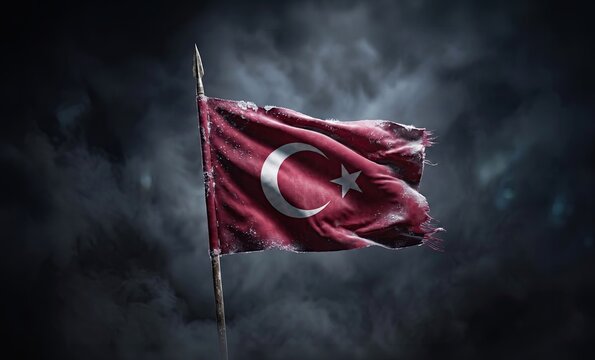 Turkish Flag Waving in Stormy Skies: A weathered Turkish flag flutters defiantly against a dramatic backdrop of dark, turbulent clouds, symbolizing resilience and national pride.