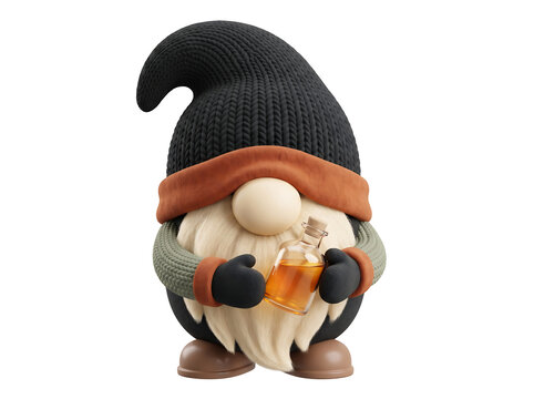 Cute 3d gnome character holding a small glass bottle isolated on transparent background