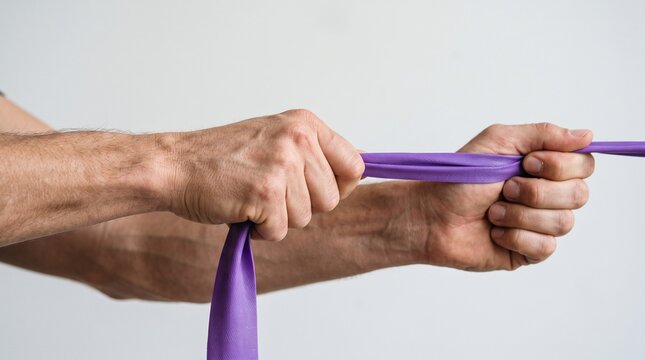 Close up of a man hands stretching a purple resistance exercise band